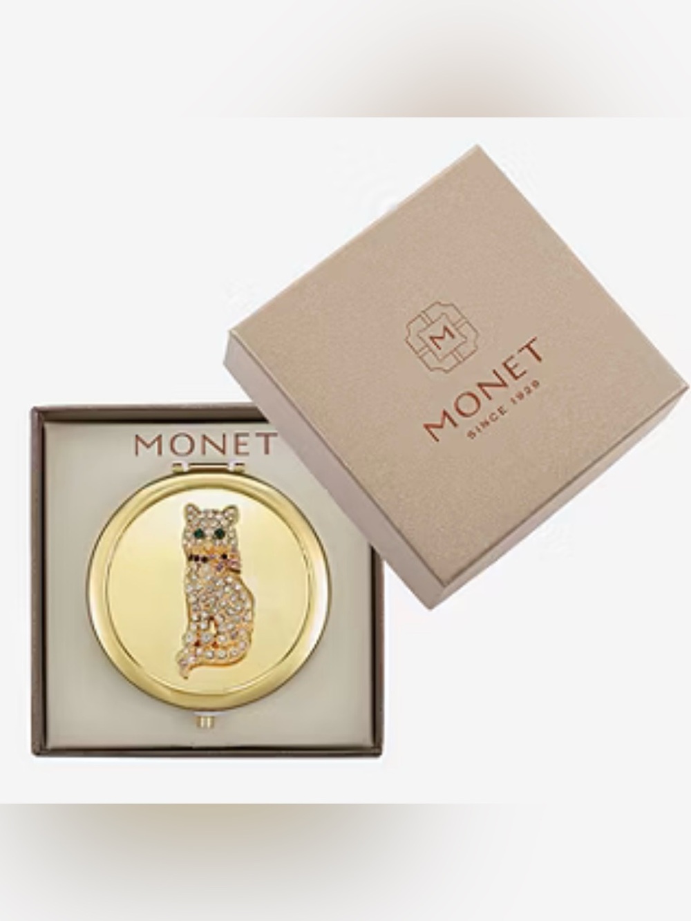 Monet Gold Tone Cat/Clear Stone Compact Mirror